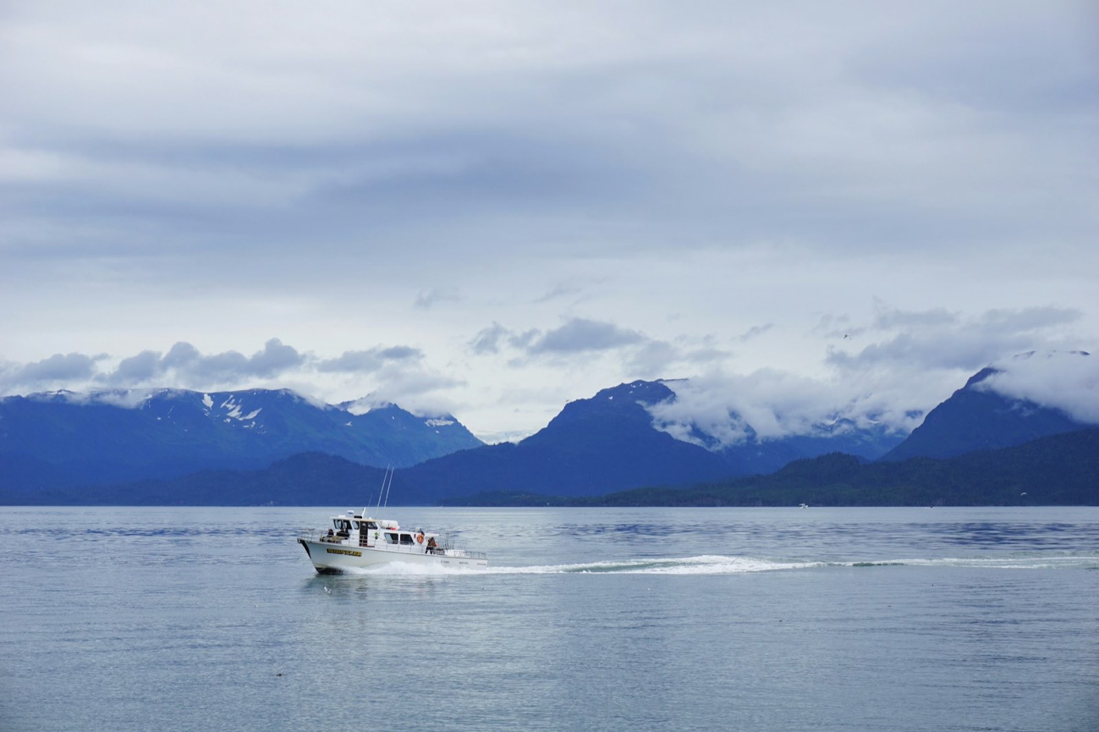 A charter boat running below cloud-wrapped coastal mountains (stock photo)