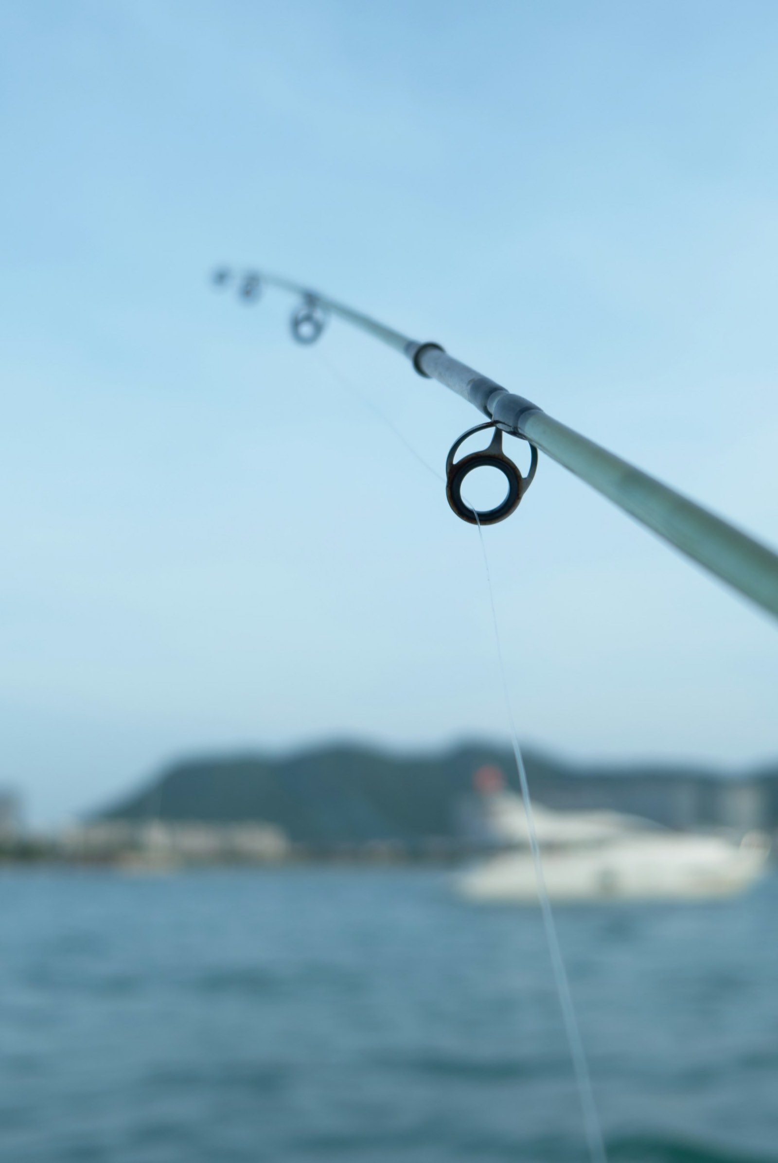 A rod guide and line in focus against calm sea (stock photo)